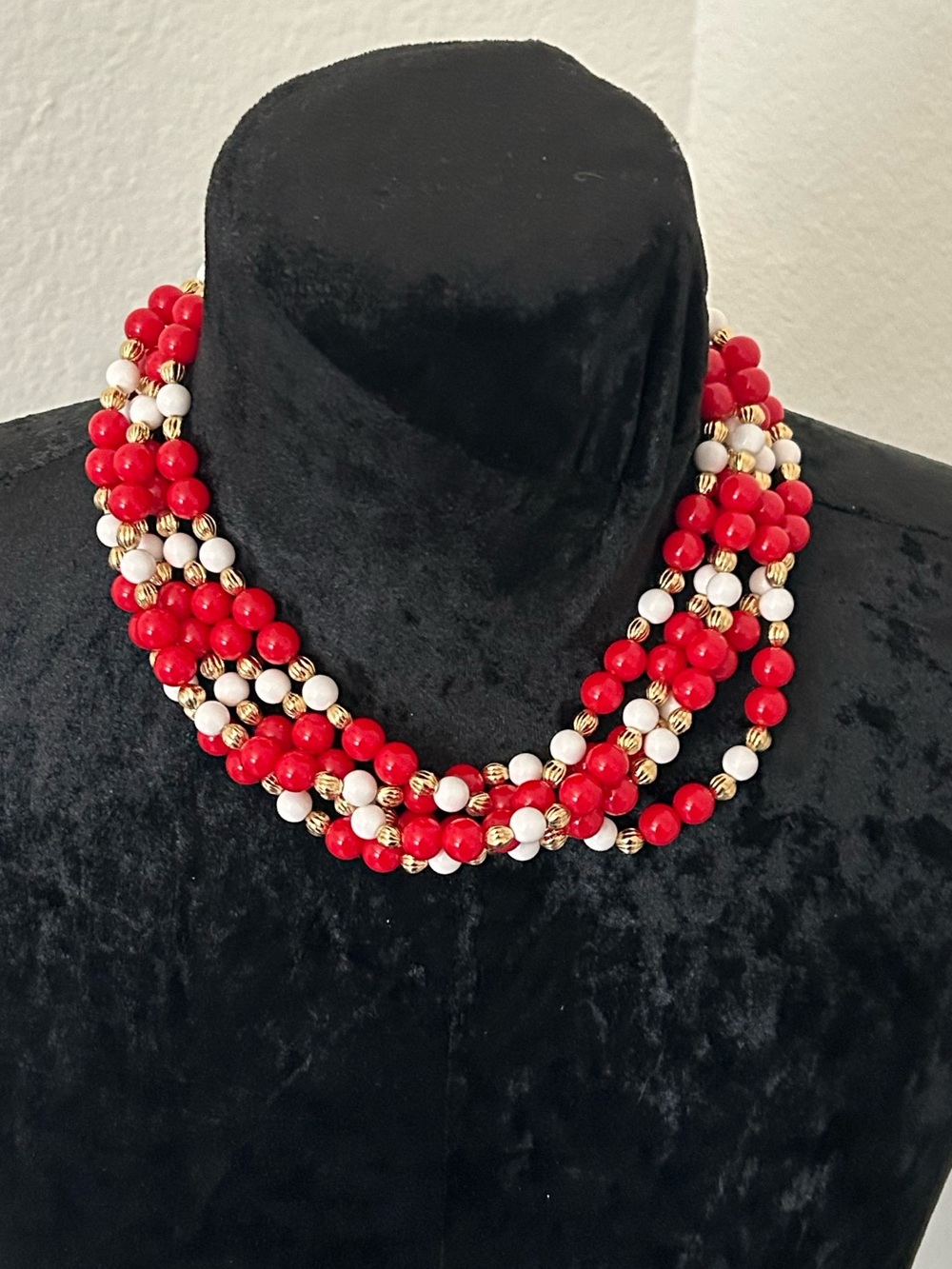 Vintage Red White Gold Tone Multi Strand Beaded Necklace